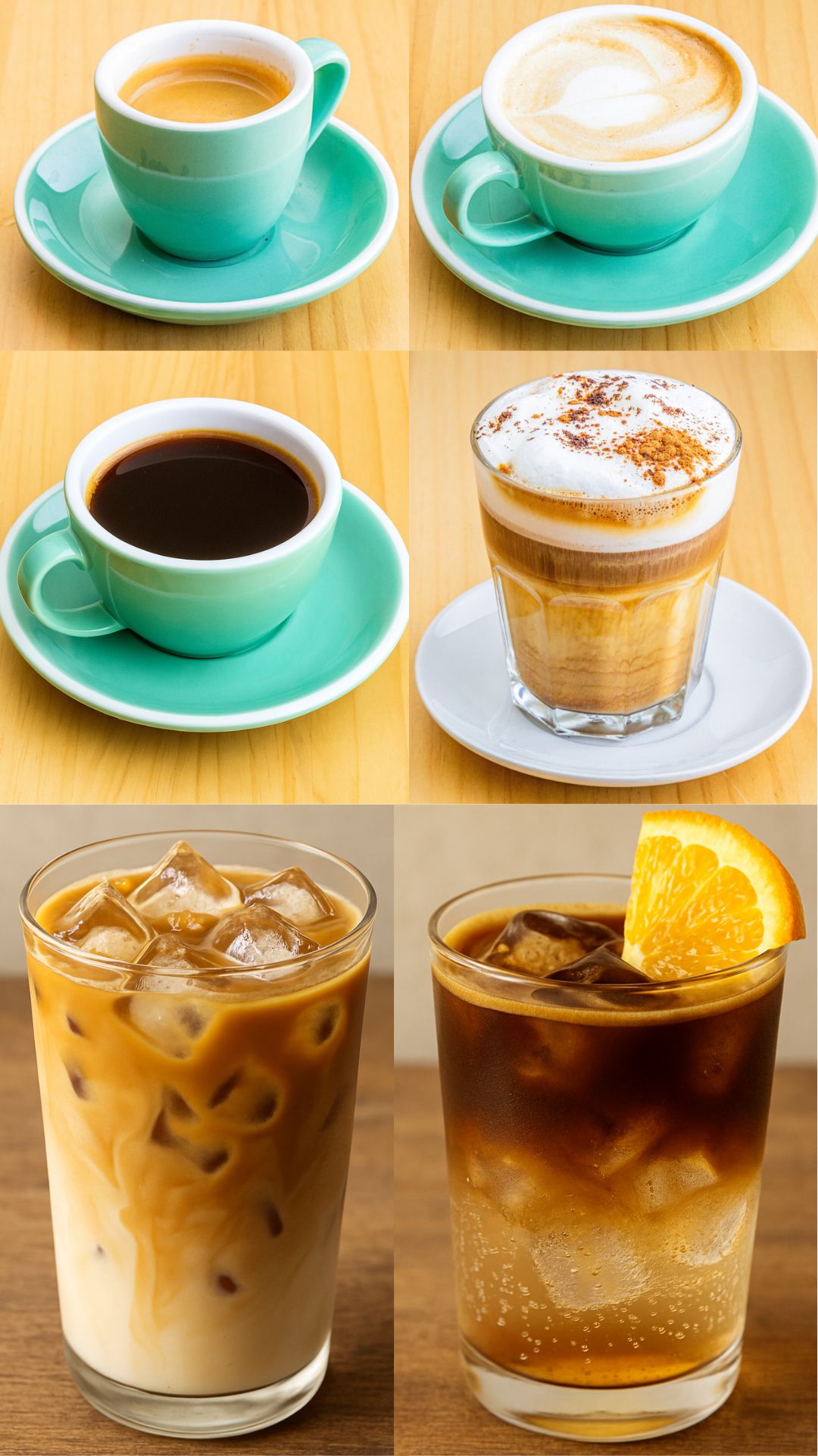 Cafés de la carta de Café Colibrí. Café con sol, Café con leche, café americano, Latte Macciatto, Café con leche y hielo, Café con Gin Tonic