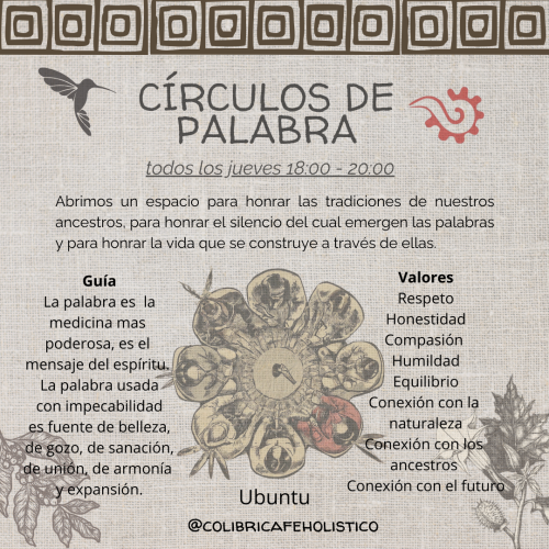 Cartel anunciando la din&aacute;mica de los c&iacute;rculos de palabra. Es una din&aacute;mica que organiza el propio gastrobar Caf&eacute; colibr&iacute;, con el objetivo de honrar a sus antepasados.